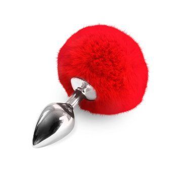 Металева анальна пробка Кролячий хвостик Alive Fluffy Plug M Red, діаметр 3,4 см 383 фото