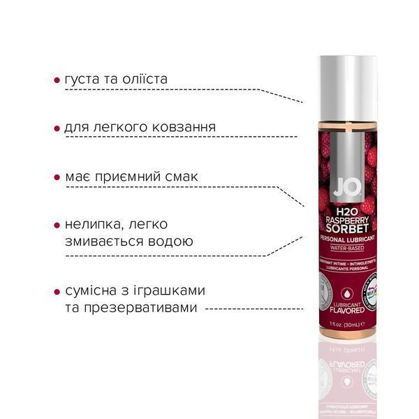 Лубрикант на водній основі JO H2O &mdash; Raspberry Sorbet Малина (30 мл) без цукру, рослинний гліцерин 291 фото